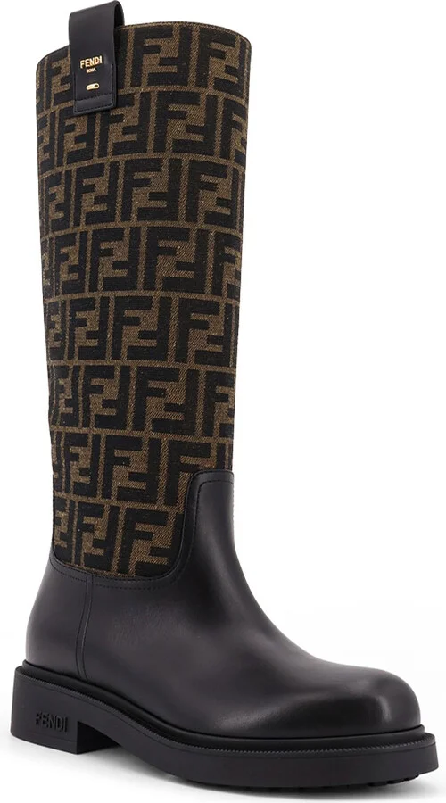 Fendi Filo Leather And Ff Jacquard Fabric Boots - Image 2