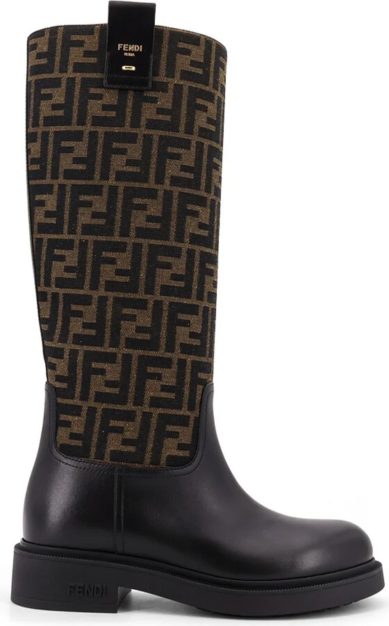 Fendi Filo Leather And Ff Jacquard Fabric Boots