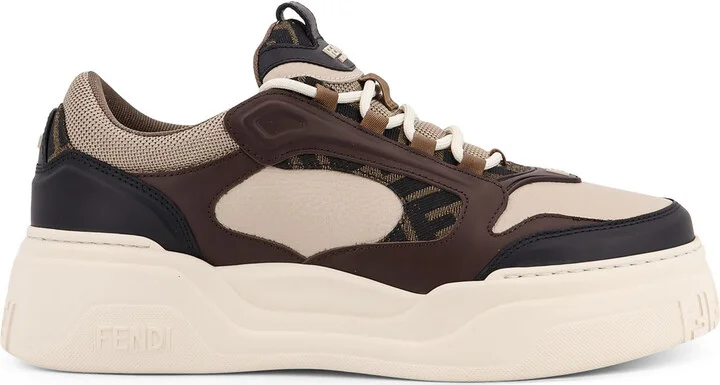 Fendi Force Leather Sneakers With Ff Jacquard Fabric Inserts