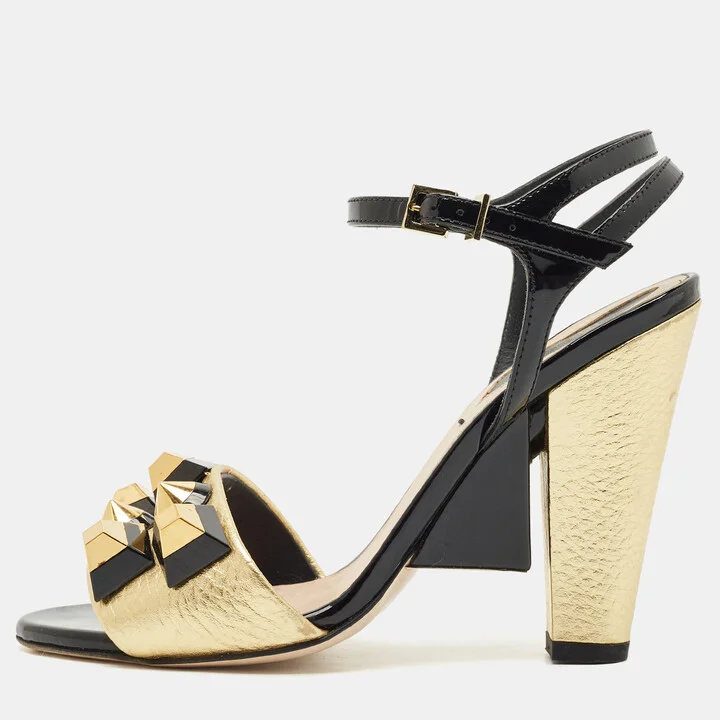 Fendi Gold/Black Leather and Patent Studded Ankle Strap Sandals Size 35