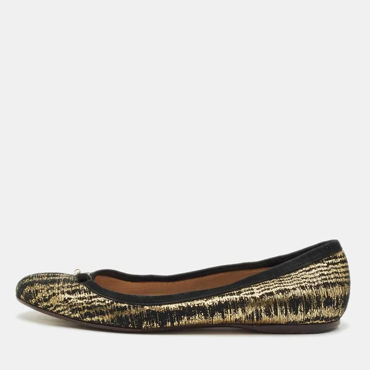 Fendi Gold/Black Textured Suede FF Charm Ballet Flats Size 39