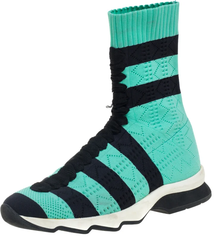 Fendi Green/Black Knit Fabric Striped Sock Sneakers Size 36