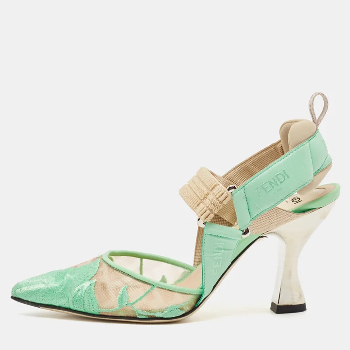 Fendi Green Embroidery Mesh and Fabric Colibri Slingback Pumps Size 35