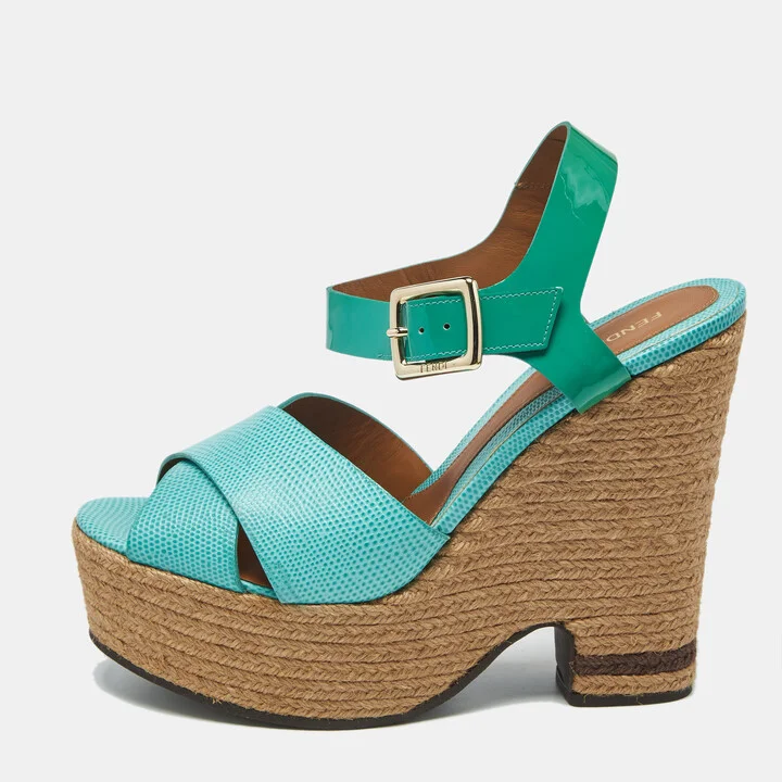 Fendi Green Lizard and Patent Leather Espadrille Wedge Sandals Size 40