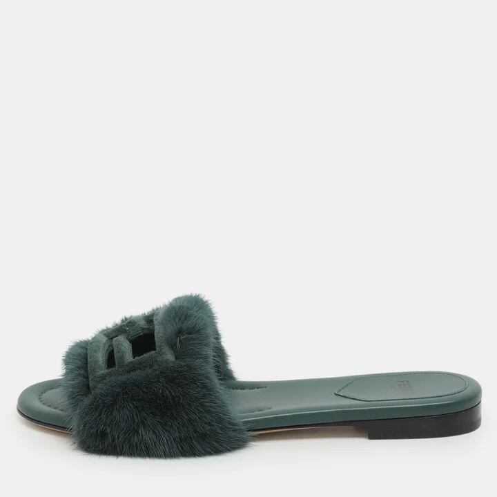 Fendi Green Mink Fur Baguette Slide Sandals Size 36