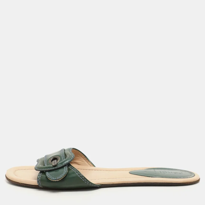Fendi Green Patent Leather Buckle Flat Slides Size 37