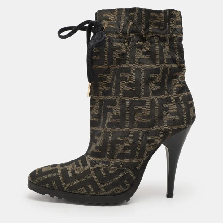 Fendi Green Zucca Canvas Ankle Length Boots Size 37.5