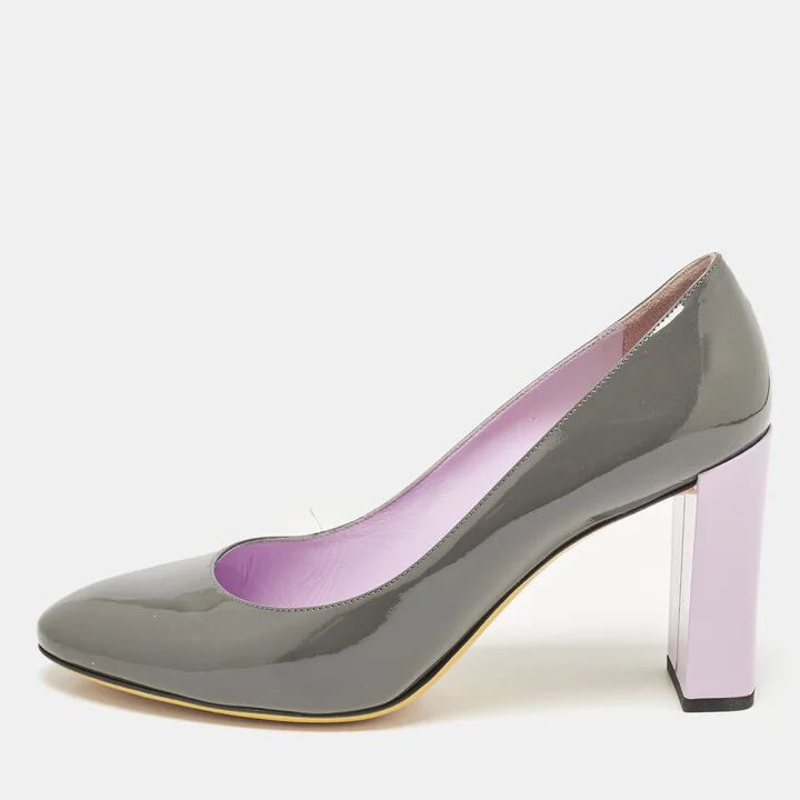 Fendi Grey Patent Leather Round Tote Pumps Size 41