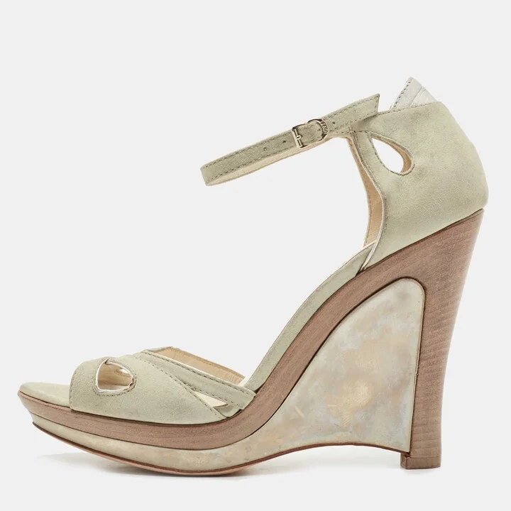 Fendi Grey Suede Wedge Ankle Strap Sandals Size 39