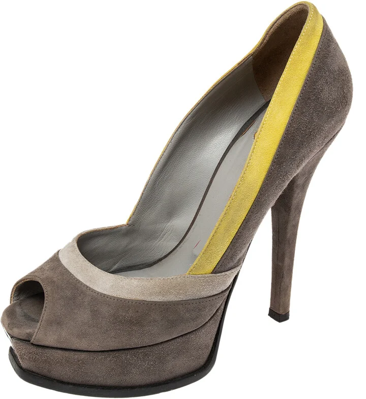 Fendi Grey/Yellow Suede Fendista Peep Toe Platform Pumps Size 39