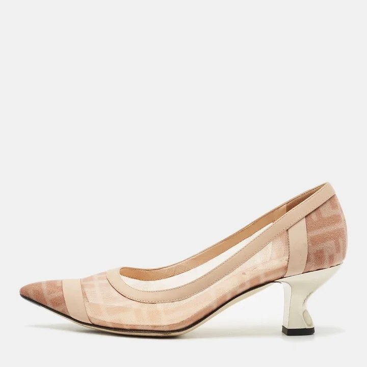 Fendi Light Pink/Brown Zucca Mesh and Leather Colibri Pumps Size 38
