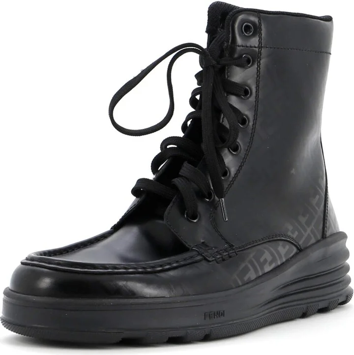 FENDI Men's Faded FF Lace Up Ankle Boots Leather