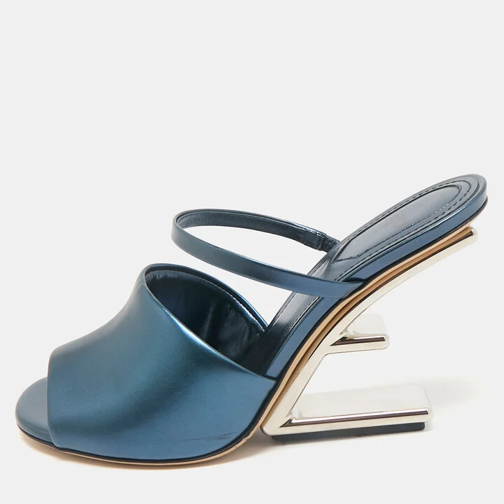Fendi Metallic Blue Leather Fendi First Slide Sandals Size 38