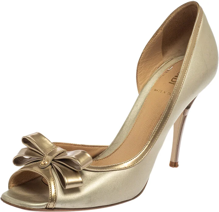 Fendi Metallic Silver Leather Bow Peep Toe Pumps Size 38.5