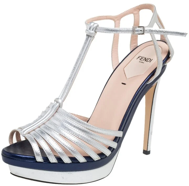 Fendi Metallic Silver Leather T- Strap Platform Sandals Size 38