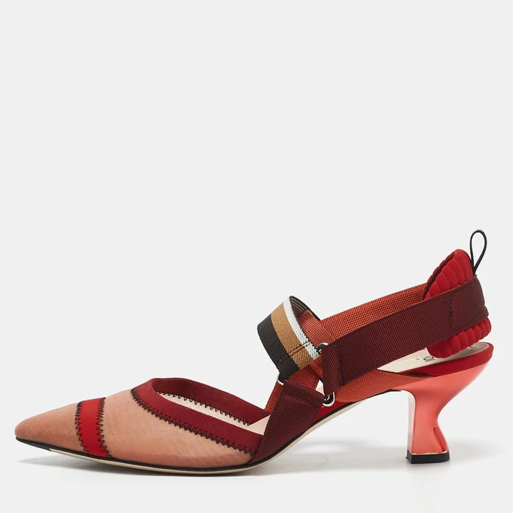 Fendi Multicolor Canvas and Mesh Colibri Slingback Pumps Size 41