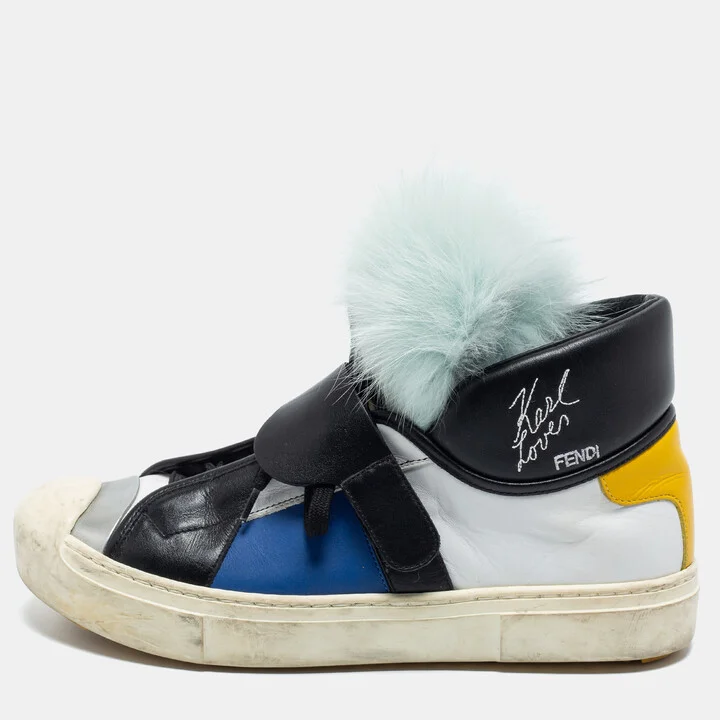 Fendi Multicolor Leather And Fox Fur Karlito High Top Sneakers Size 38