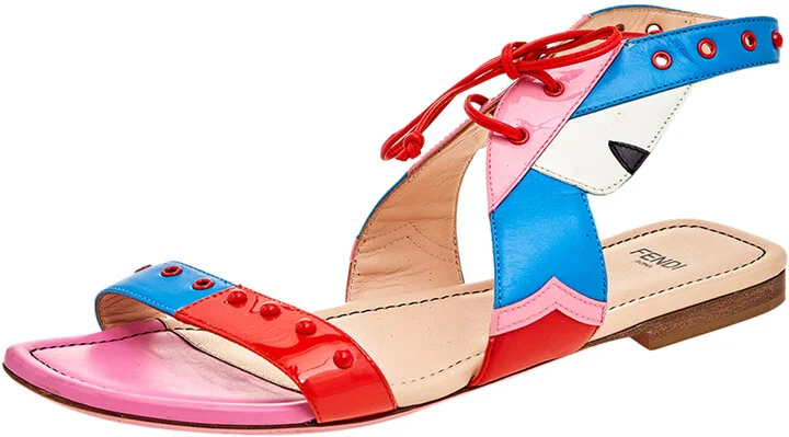 Fendi Multicolor Leather And Patent Leather Ankle Cuff Flat Sandals Size 37