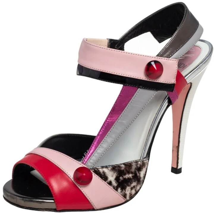 Fendi Multicolor Leather Embellished Peep Toe Slingback Sandals Size 37