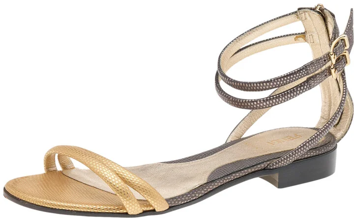 Fendi Multicolor Lizard Embossed Leather Ankle Strap Flat Sandals Size 36.5