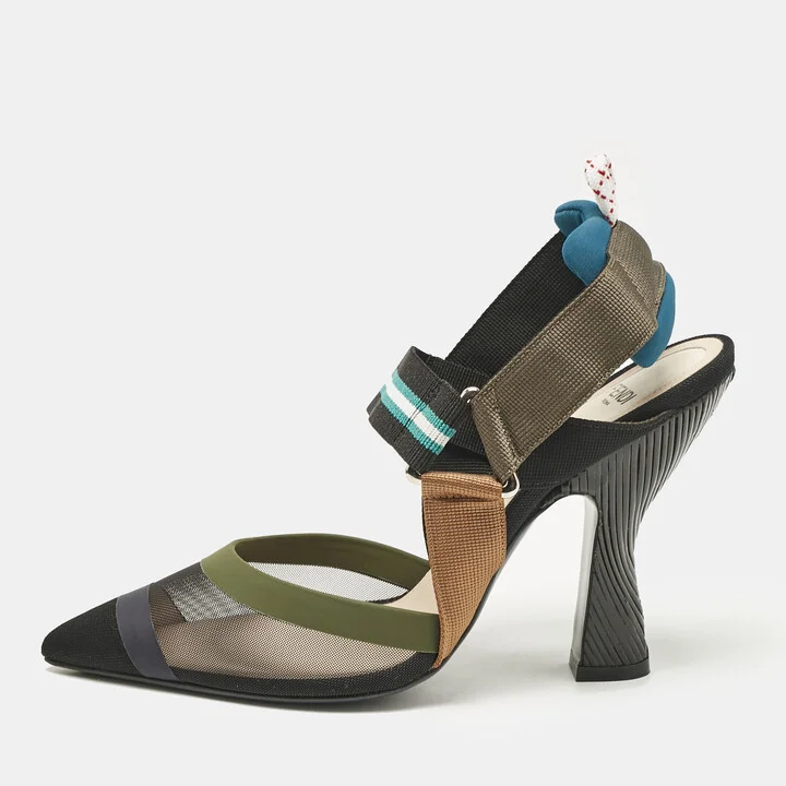 Fendi Multicolor Mesh and Fabric Colibri Slingback Pumps Size 37