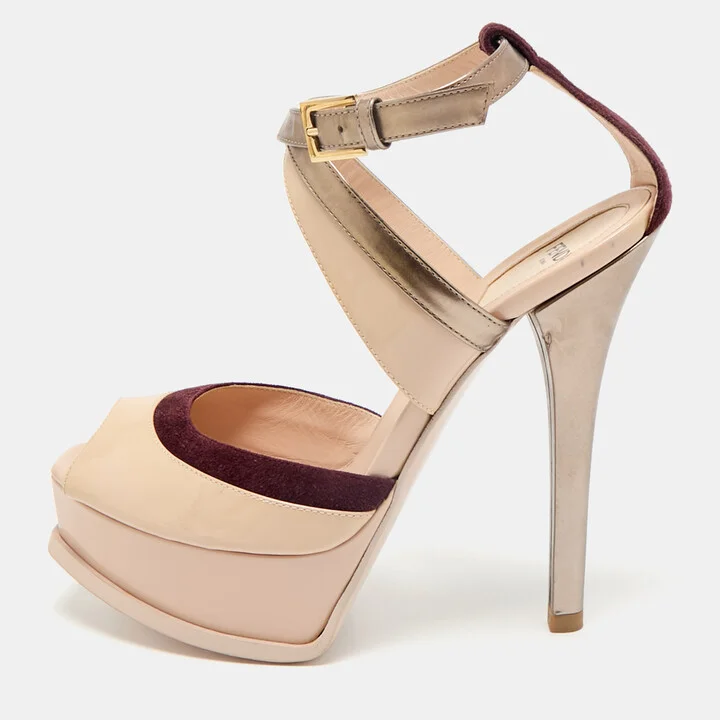 Fendi Multicolor Patent Leather and Suede Ankle Strap Sandals Size 37