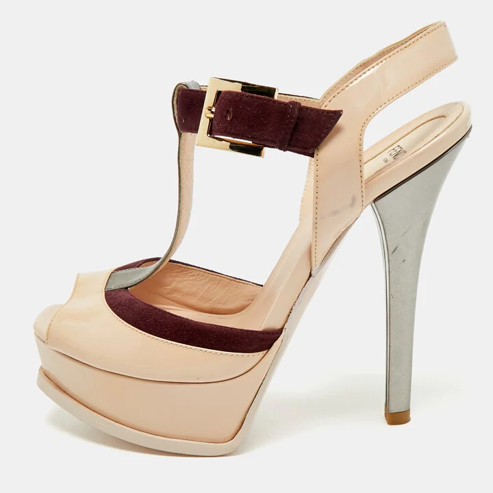 Fendi Multicolor Patent Leather Platform T-Strap Sandals Size 37.5