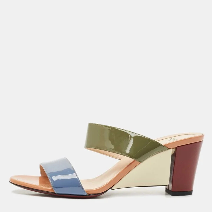 Fendi Multicolor Patent Leather Wedge Slide Sandals Size 39