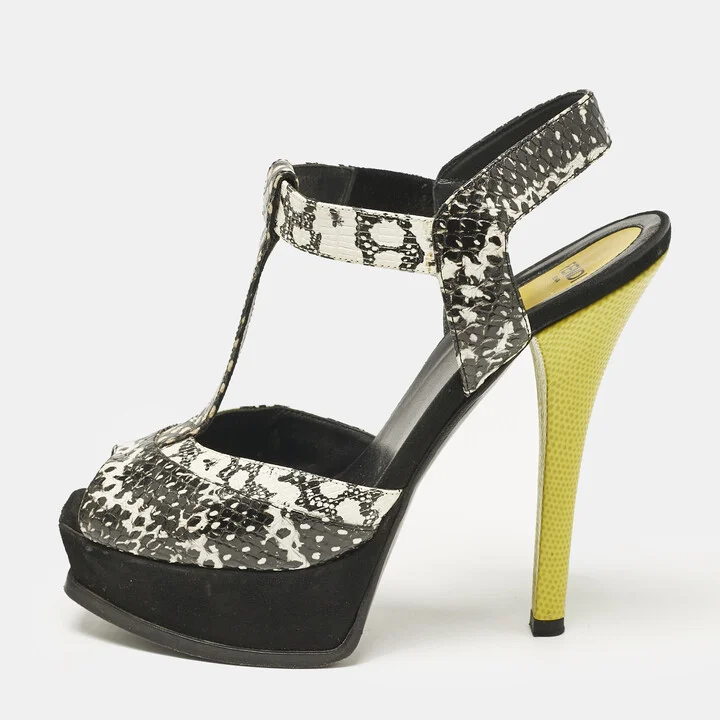 Fendi Multicolor Python Embossed Leather and Suede Animal Print T-Strap Sandals Size 38.5