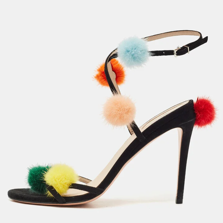 Fendi Multicolor Suede and Fur Pompoms B Ankle Strap Sandals Size 40