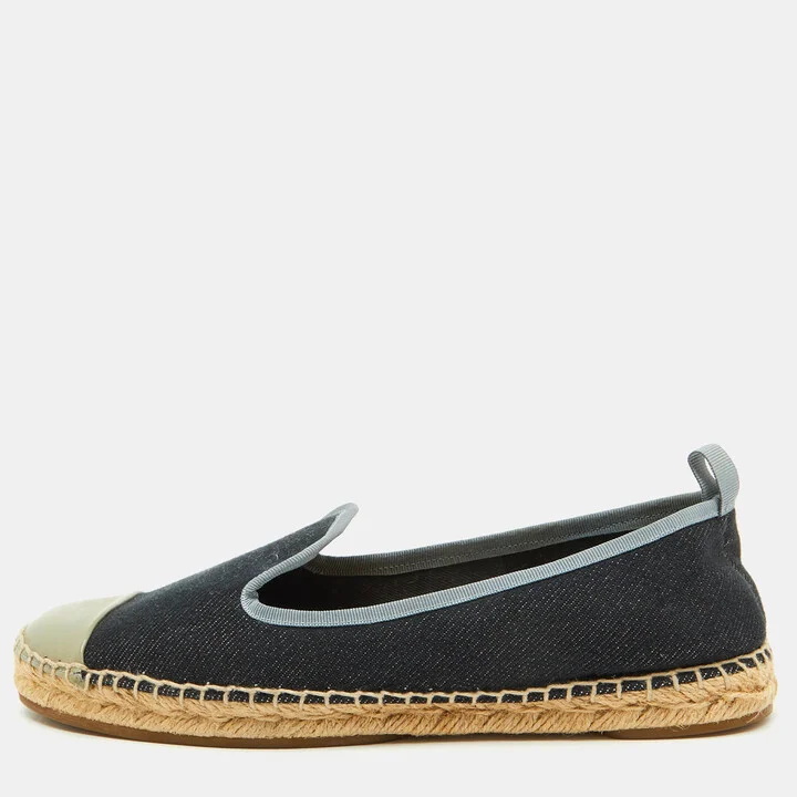 Fendi Navy Blue/Grey Denim and Patent Leather Junia Cap Toe Espadrille Flats Size 38