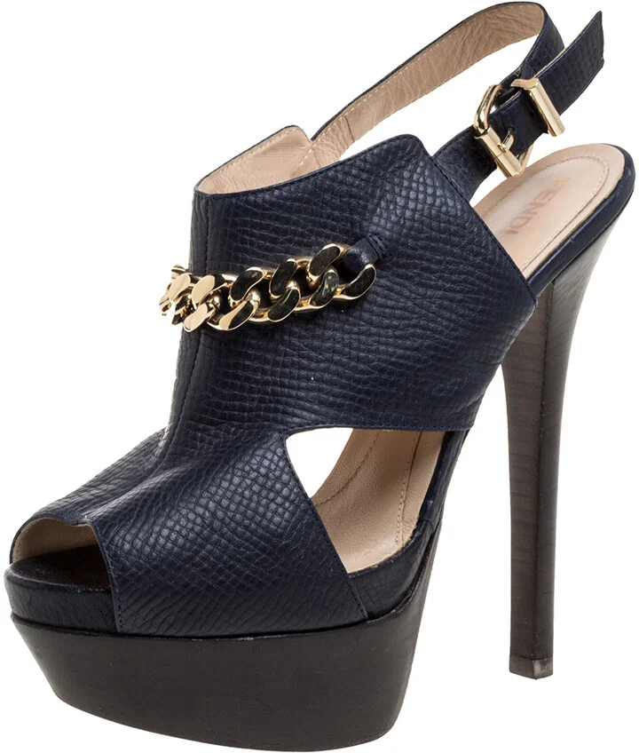 Fendi Navy Blue Leather Chain Details Slingback Platform Sandals Size 38