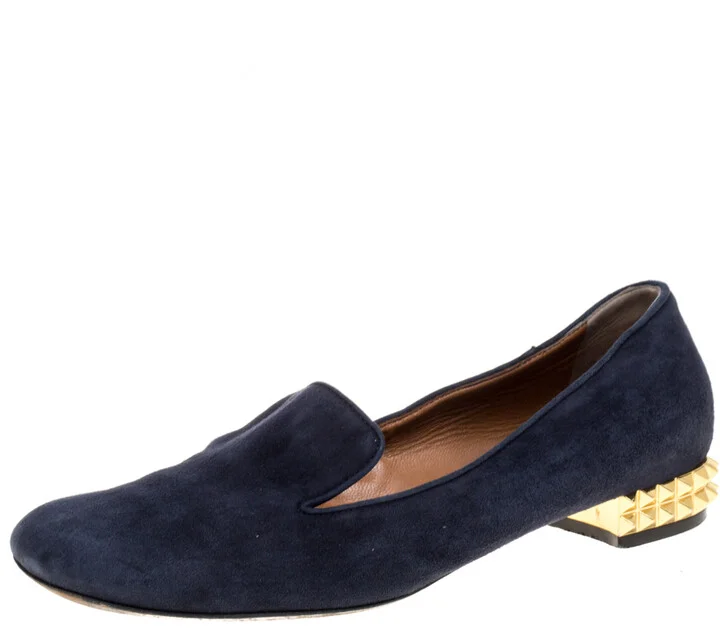 Fendi Navy Blue Suede Studded Heel Smoking Slippers Size 38