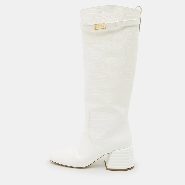 Fendi Off White Croc Embossed Leather Knee Length Boots Size 37