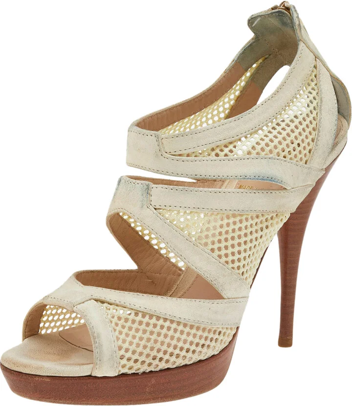 Fendi Off-White Suede And Mesh Cage Open-Toe Platform Sandals Size 38