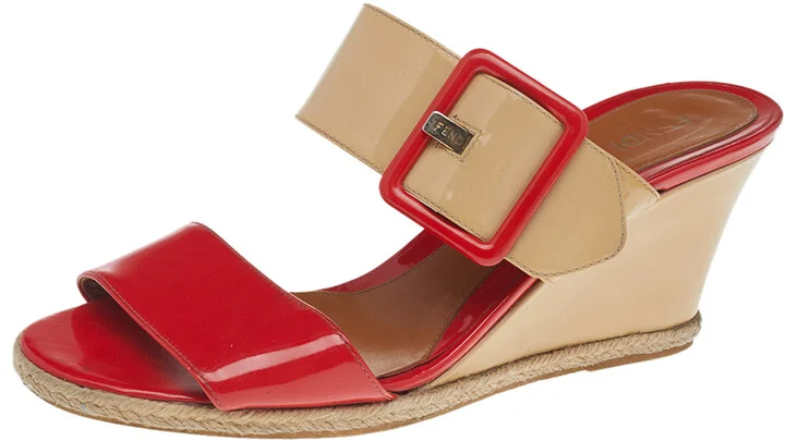 Fendi Orange-Beige Patent Leather Buckle Strap Wedge Espadrille Sandals Size 39
