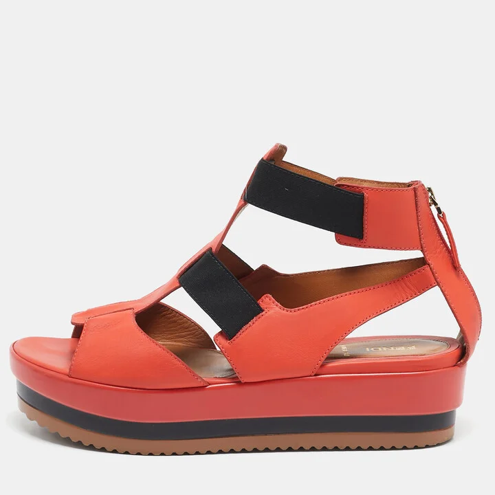 Fendi Orange/Black Leather and Elastic Strappy Platform Sandals Size 38.5