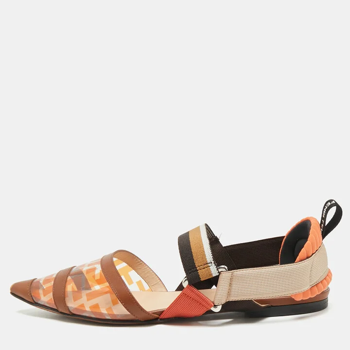 Fendi Orange/Brown Zucca PVC and Leather Colibri Slingback Flat Sandals Size 38