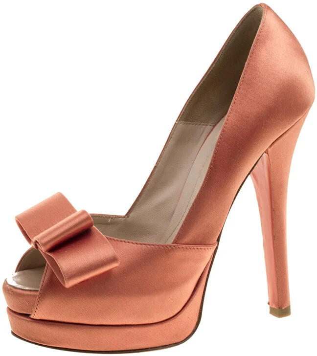 Fendi Orange Satin Deco Bow Platform Pumps Size 36