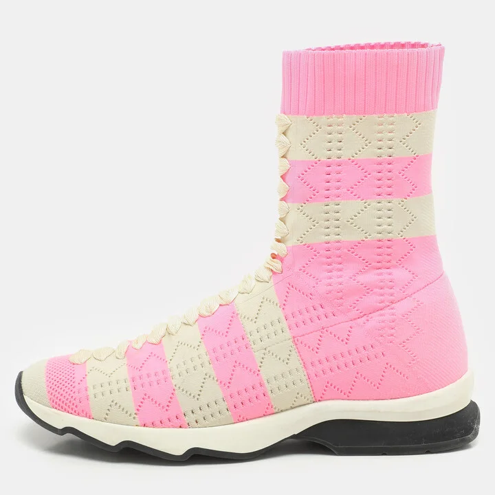 Fendi Pink and Beige Stripes Knit Fabric Sneaker Boots Size 38