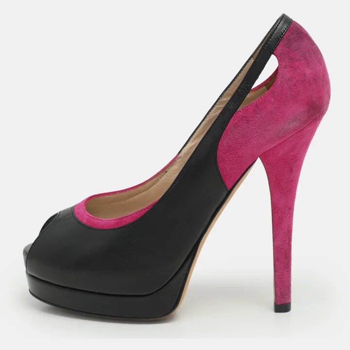 Fendi Pink/Black Suede and Leather Cutout Peep Toe Platform Pumps Size 38