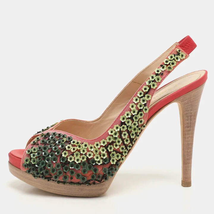 Fendi Pink/Green Mesh Embellished Peep Toe Slingback Pumps Size 36