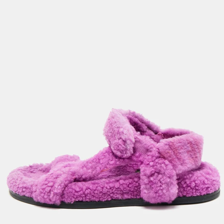 Fendi Purple Shearling Fur Ankle Strap Flat Sandals Size 39