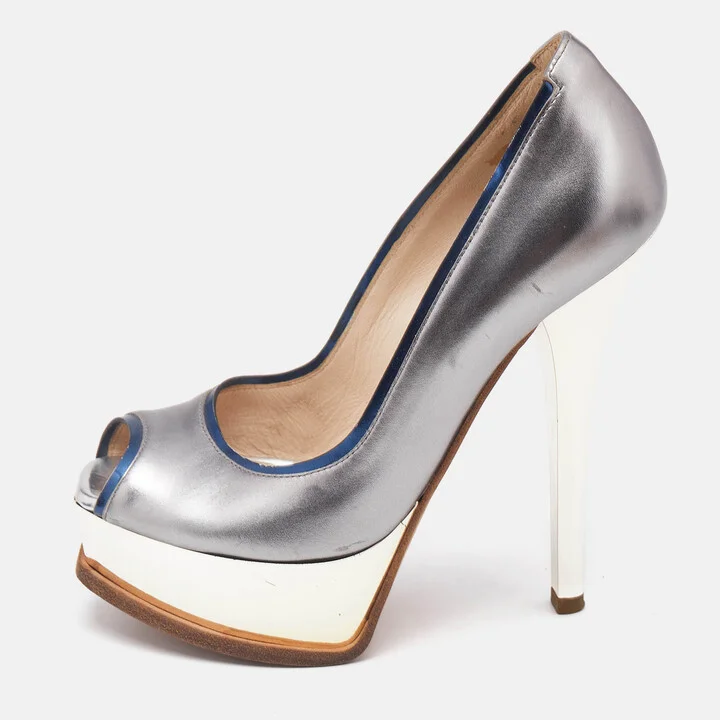 Fendi Silver/Blue Leather Fendista Peep Toe Pumps Size 35