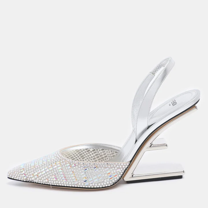 Fendi Silver Leather and Tulle Fendi First Crystal Embellished Slingback Sandals Size 40