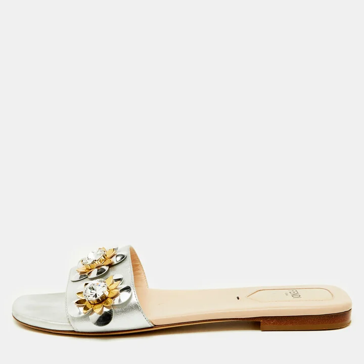 Fendi Silver Leather Flowerland Embellished Flat Slide Sandals Size 38