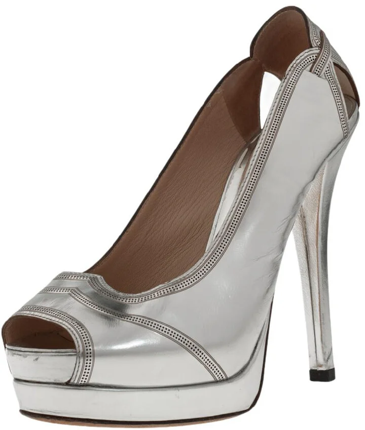 Fendi Silver Patent Leather Peep Toe Pumps Size 38.5