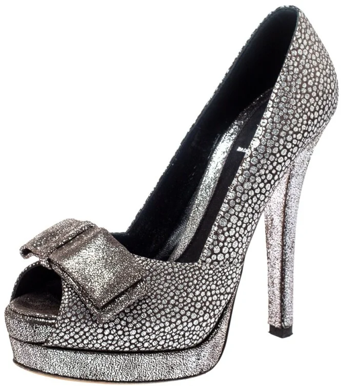 Fendi Silver Textured Fabric Bow Peep Toe Pumps Size 37