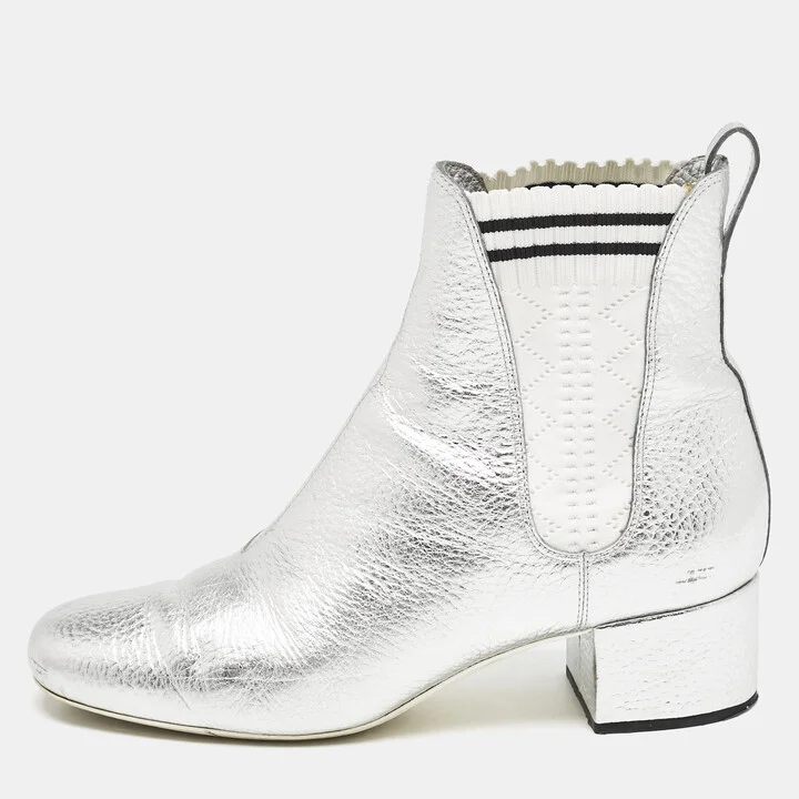 Fendi Silver/White Knit Fabric and Leather Sock Ankle Length Boots Size 38.5