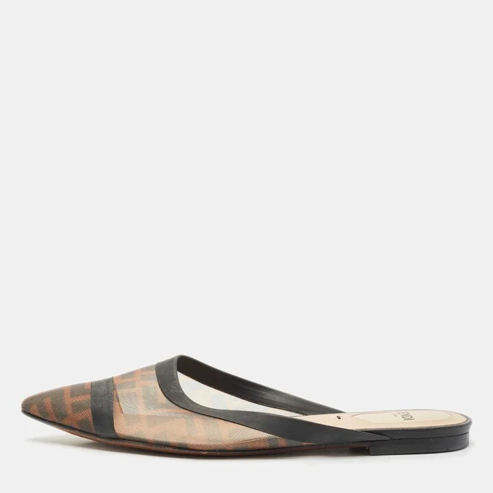 Fendi Tobacco FF Logo Print Mesh Colibri Pointed Toe Flat Mules Size 36